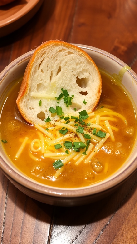 A bowl of French onion soup with melted cheese and toasted bread, served on a wooden table.
